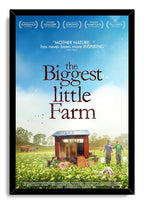 The Biggest Little Farm framed wall art print presents a blue-sky farm scene with a chicken coop, animals, and a walking couple.