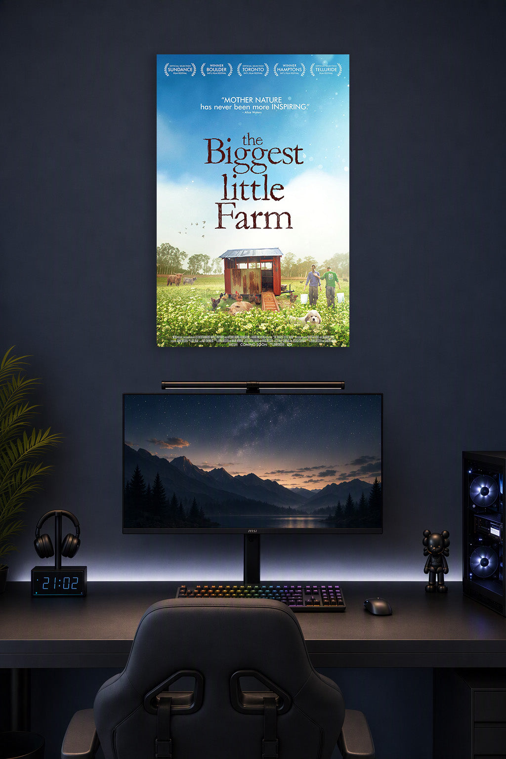 The Biggest Little Farm in a gaming desk setup above a monitor.