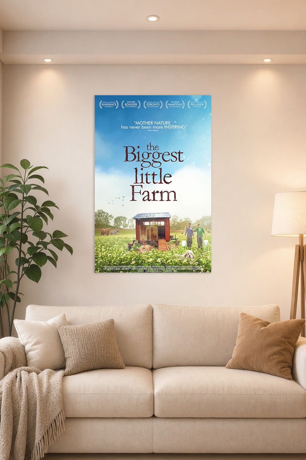 The Biggest Little Farm in a bright living room above a beige sofa.