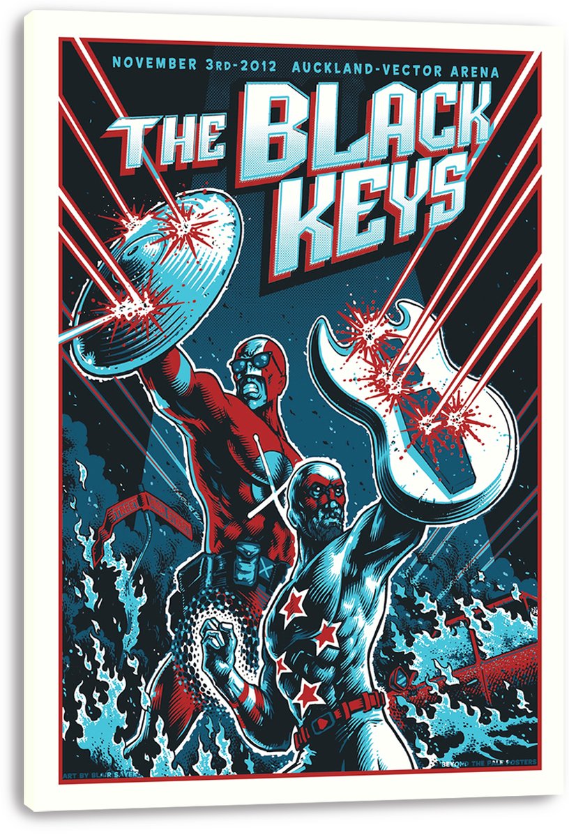 The Black Keys wall art print on canvas features superhero band figures battling lasers beneath bold blue and white lettering.
