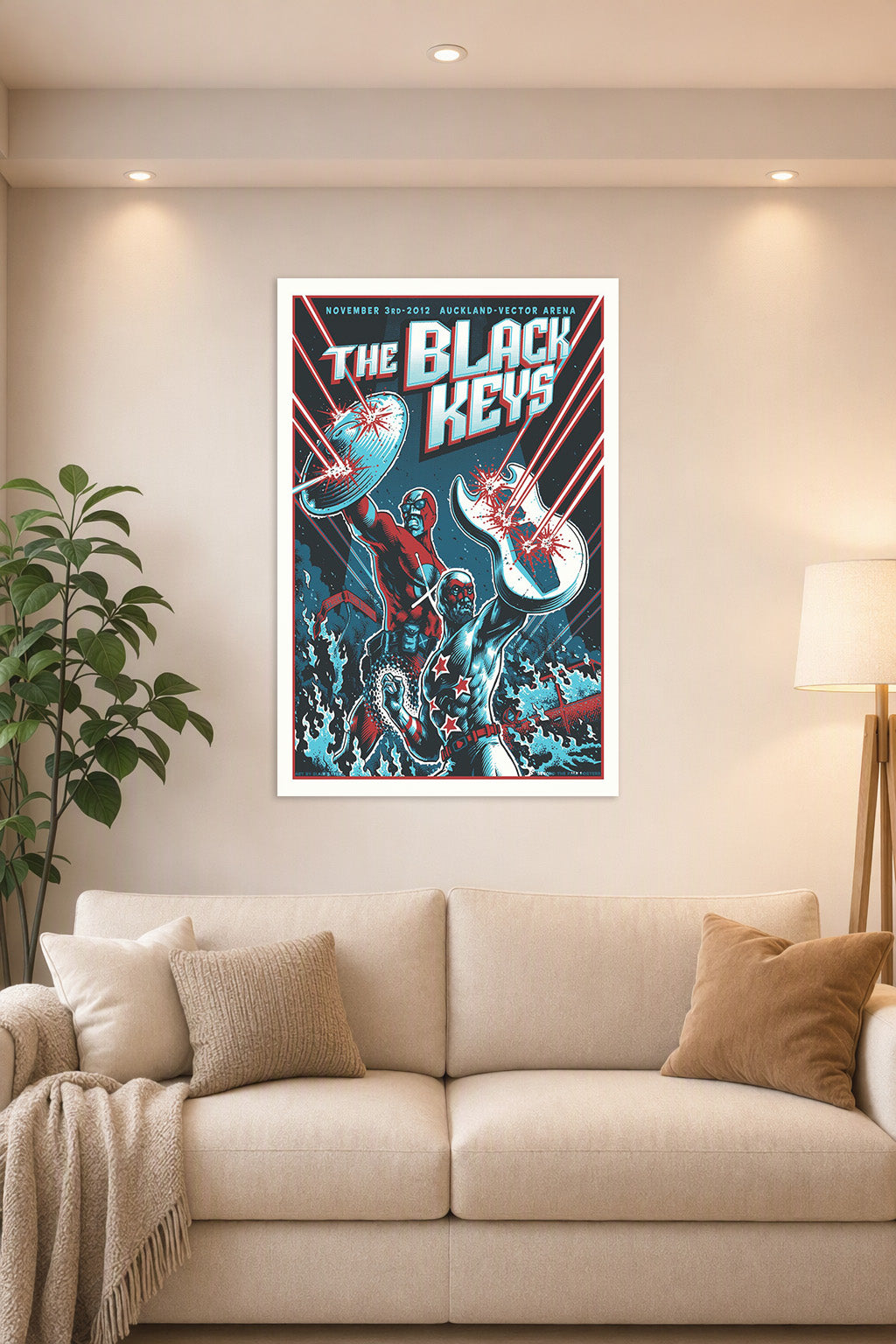 The Black Keys Superhero Duo in a bright living room above a beige sofa.