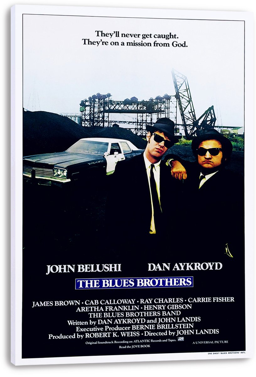 The Blues Brothers canvas wall art print displays the suited duo, a black-and-white police car, cranes, and film credits.