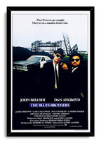 The Blues Brothers framed wall art print presents the sunglassed duo and police car against a gritty industrial backdrop.