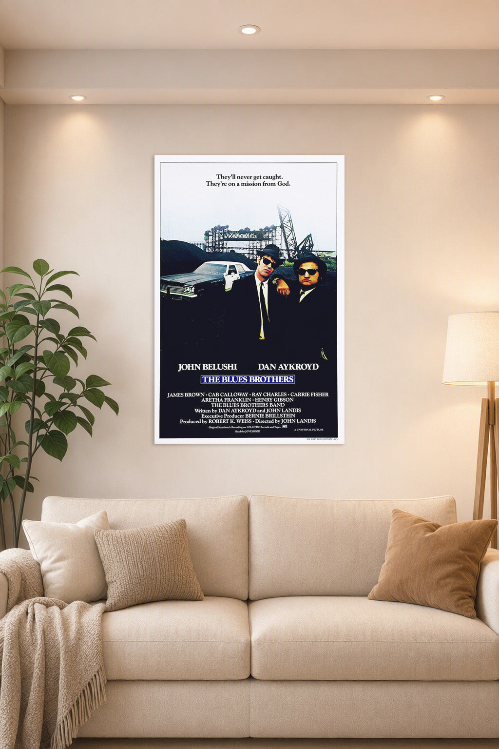 The Blues Brothers in a bright living room above a beige sofa.