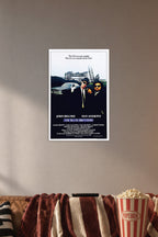 The Blues Brothers in a cozy movie room above a brown sofa with popcorn.