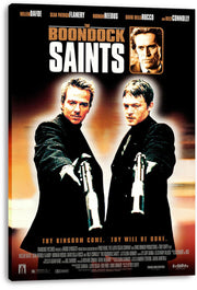 The Boondock Saints canvas wall art print displays two armed men, a sepia portrait, and dramatic black, white, and copper typography.