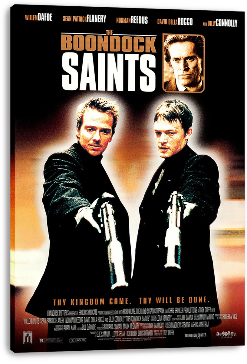 The Boondock Saints canvas wall art print displays two armed men, a sepia portrait, and dramatic black, white, and copper typography.