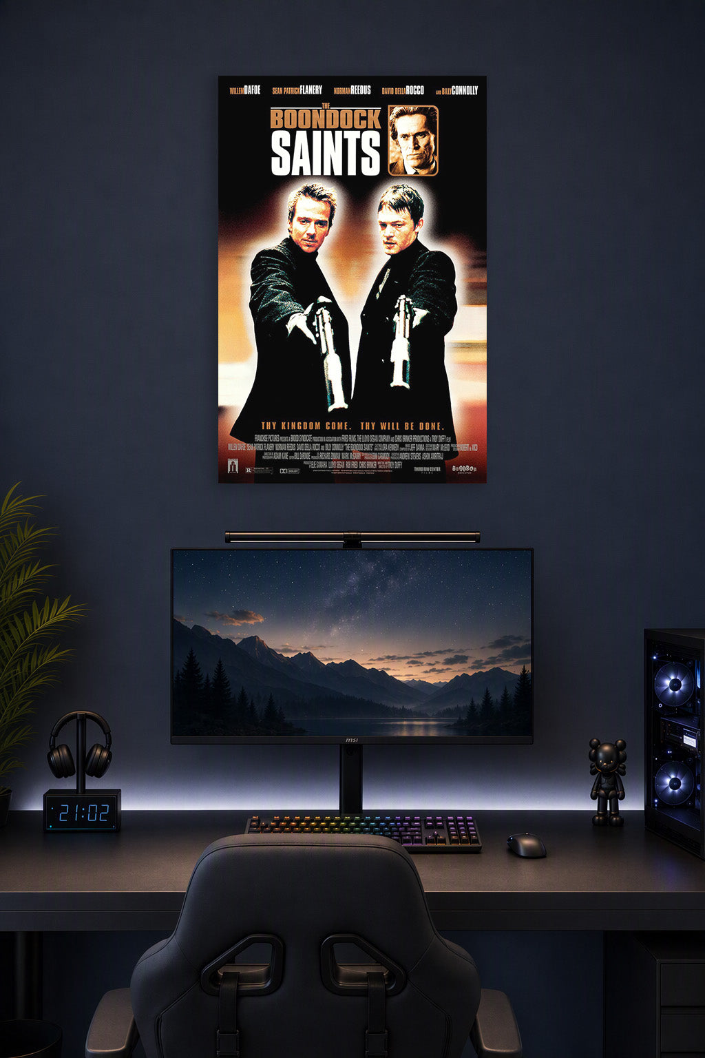 The Boondock Saints in a gaming desk setup above a monitor.