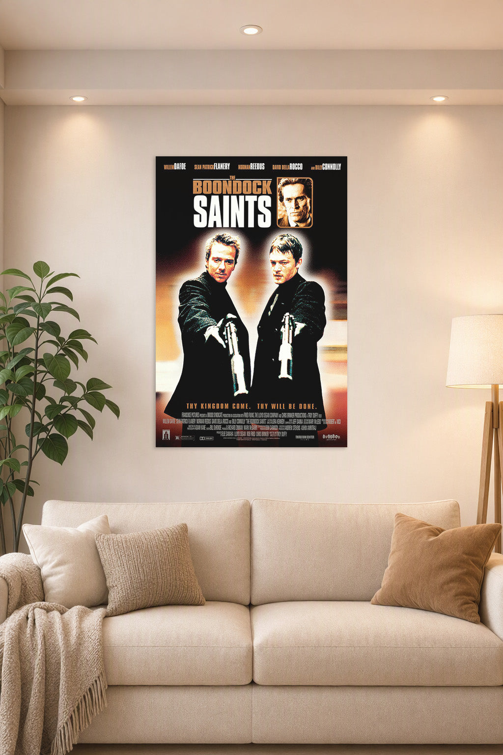 The Boondock Saints in a bright living room above a beige sofa.