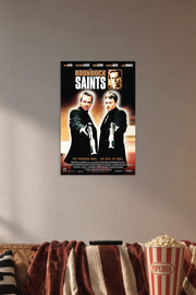 The Boondock Saints in a cozy movie room above a brown sofa with popcorn.