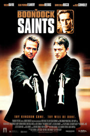 The Boondock Saints poster features two men in black coats aiming guns beneath bold white and copper title text.