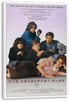 The Breakfast Club canvas wall art print displays five seated and reclining teens, red title lettering, and a white wrapped edge.