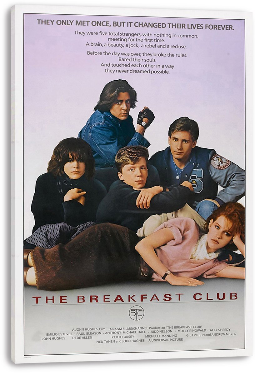 The Breakfast Club canvas wall art print displays five seated and reclining teens, red title lettering, and a white wrapped edge.