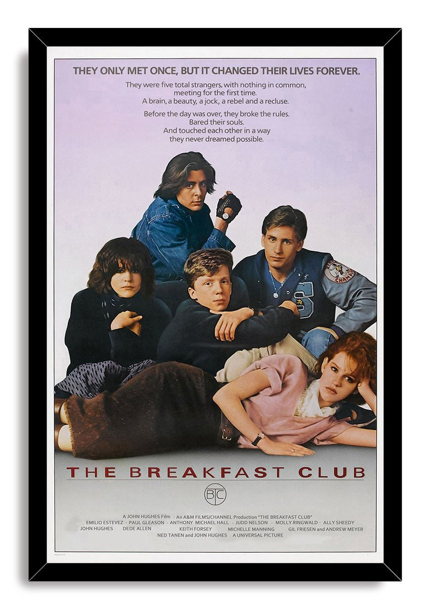 The Breakfast Club framed wall art print presents five teens beneath a bold tagline in a glossy black frame.