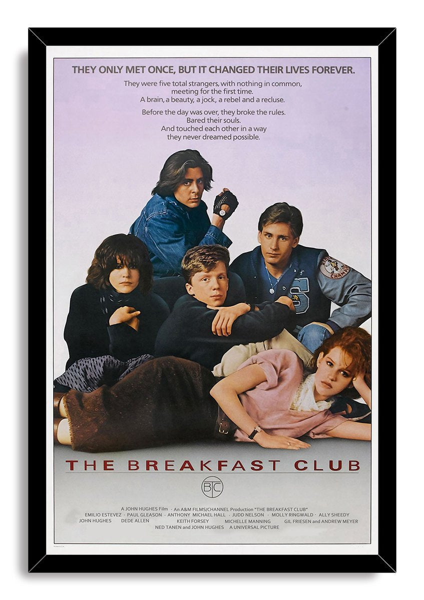 The Breakfast Club framed wall art print presents five teens beneath a bold tagline in a black frame with red title text.