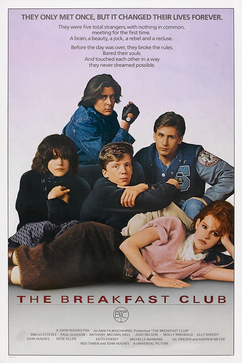 The Breakfast Club poster features five teens posed together against a pale lavender background with red title lettering.