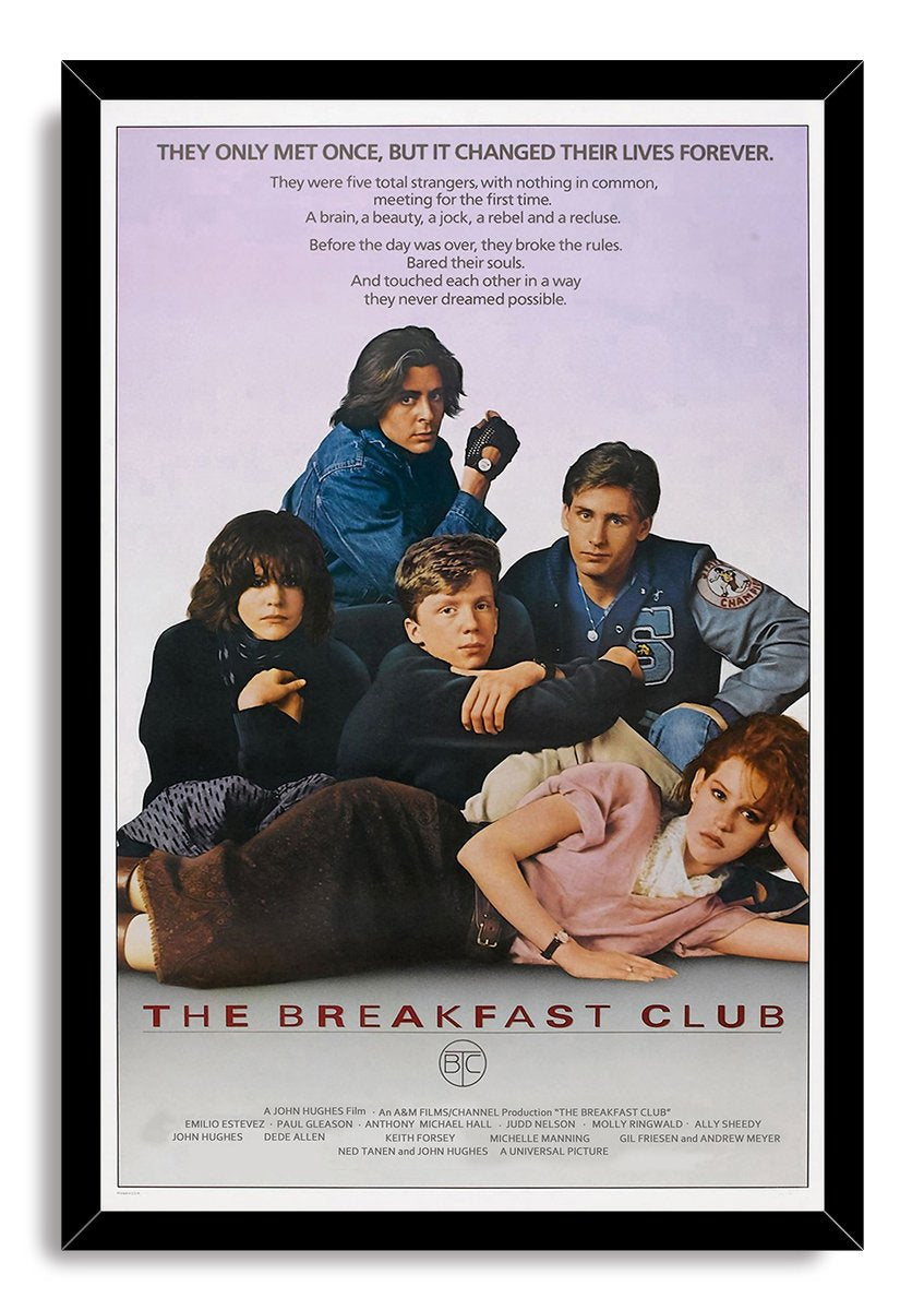 The Breakfast Club framed wall art print presents five students posed beneath a tagline in a black rectangular frame.