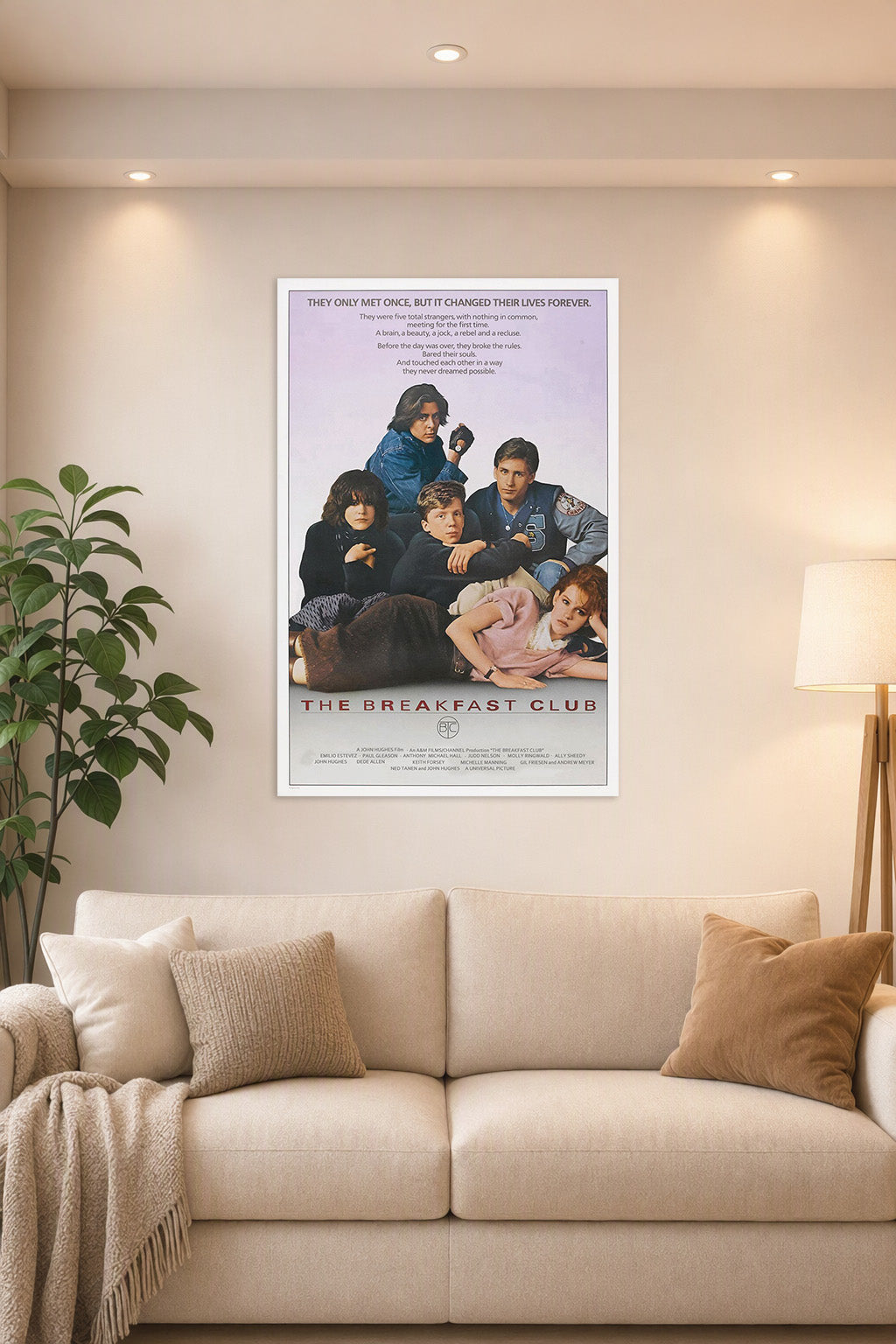 The Breakfast Club Movie in a bright living room above a beige sofa.