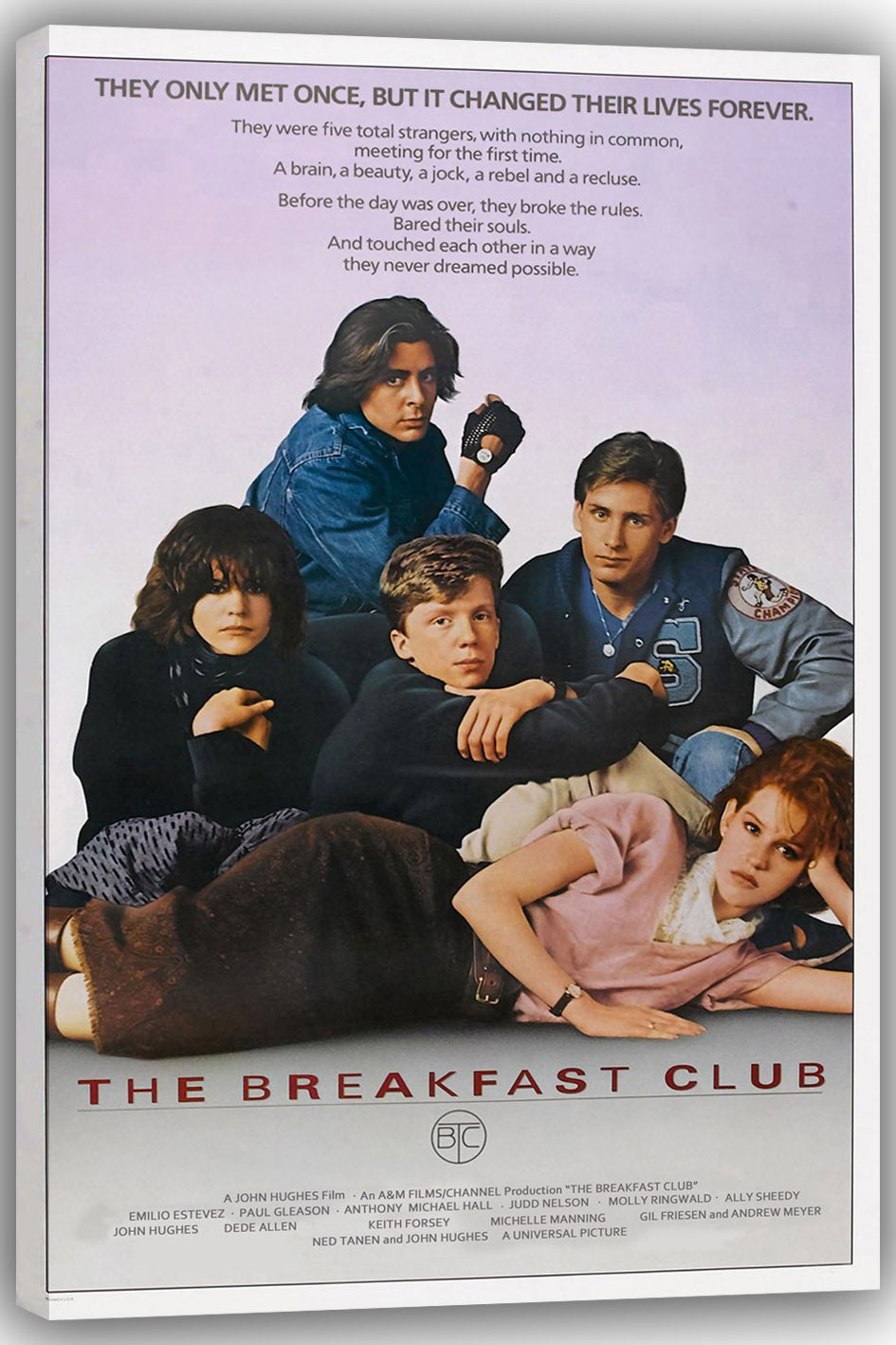 The Breakfast Club canvas wall art print displays five seated and reclining teens, with red title text on a pale background.