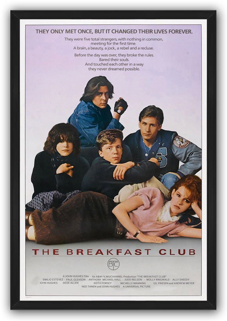 The Breakfast Club framed wall art print presents five teens in a group portrait, set in a black frame with lavender and white backdrop.