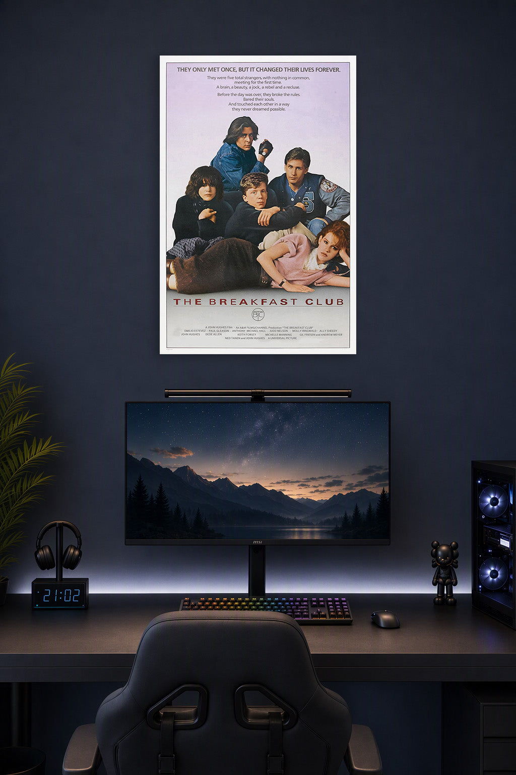 The Breakfast Club Movies in a gaming desk setup above a monitor.