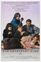 The Breakfast Club poster features five teens posed together beneath a lavender text panel and red title lettering.