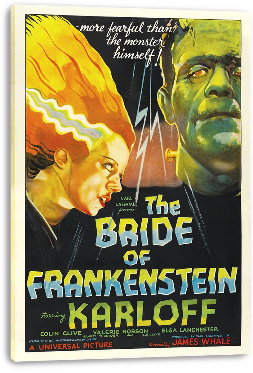 The Bride of Frankenstein canvas wall art print displays the Bride and Frankenstein's Monster in dramatic green, orange, and black tones.
