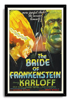 The Bride of Frankenstein framed wall art print presents the Bride and Frankenstein's Monster with vintage lettering in a black frame.