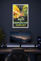 The Bride of Frankenstein Movie in a gaming desk setup above a monitor.