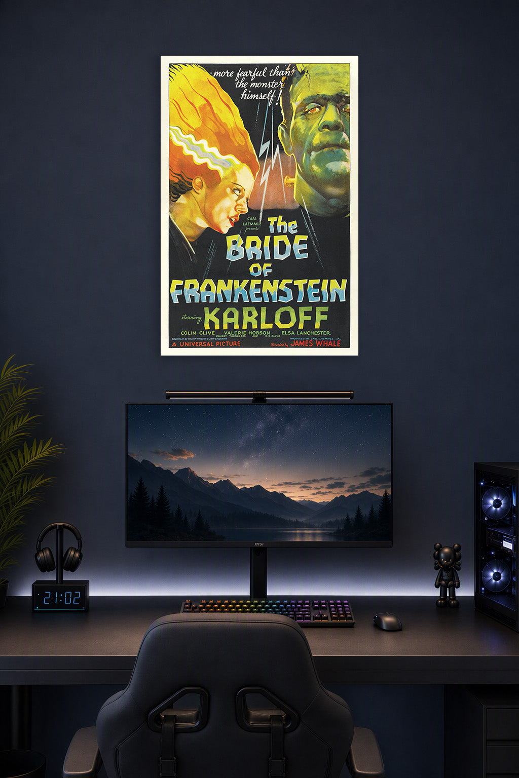 The Bride of Frankenstein Movie in a gaming desk setup above a monitor.