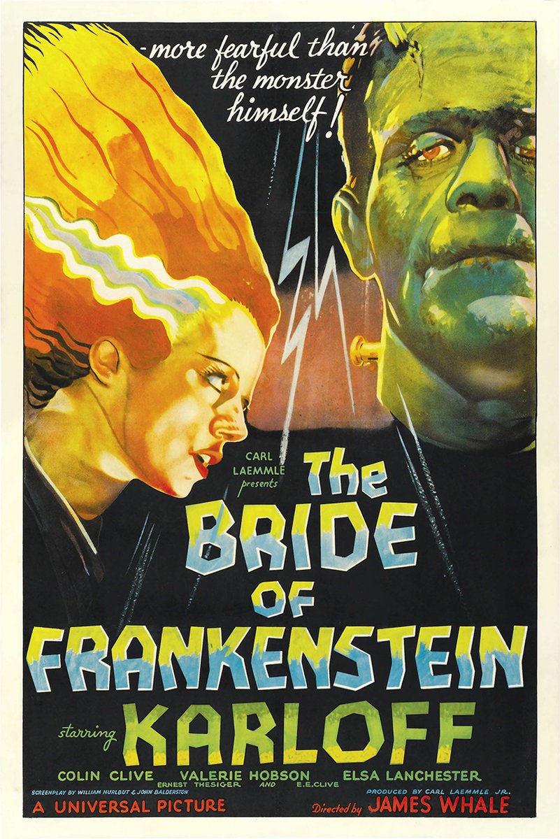 The Bride of Frankenstein poster features the Bride in profile beside Frankenstein's Monster, with bold yellow and blue title text.