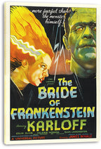 The Bride of Frankenstein canvas wall art print featuring the Bride and Frankenstein’s Monster in dramatic yellow, green, and black vintage artwork.