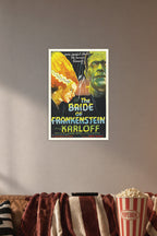 The Bride of Frankenstein Movie Poster in a cozy movie room above a brown sofa with popcorn.