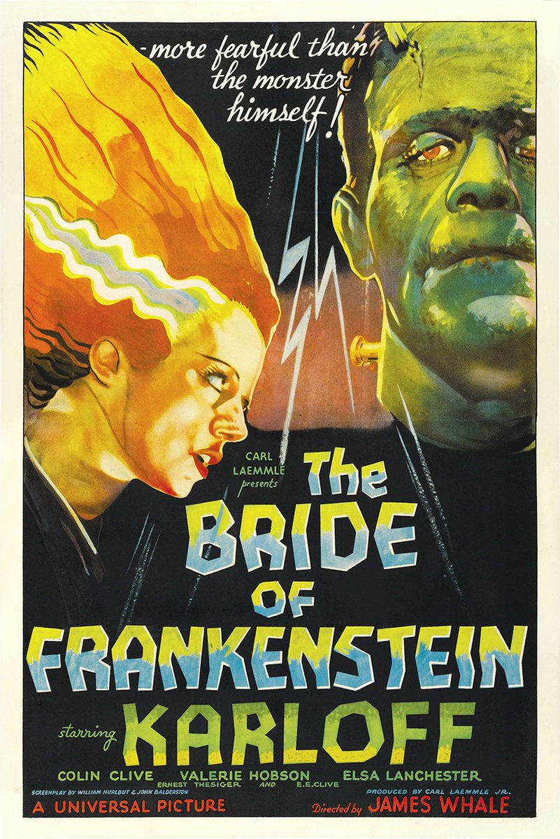 The Bride of Frankenstein poster with the Bride’s flame-red hair beside a green-tinted Frankenstein’s Monster and bold vintage lettering.