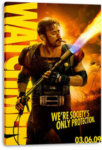 The Comedian canvas wall art features an armored man with a cigar and flamethrower against a fiery orange sky.