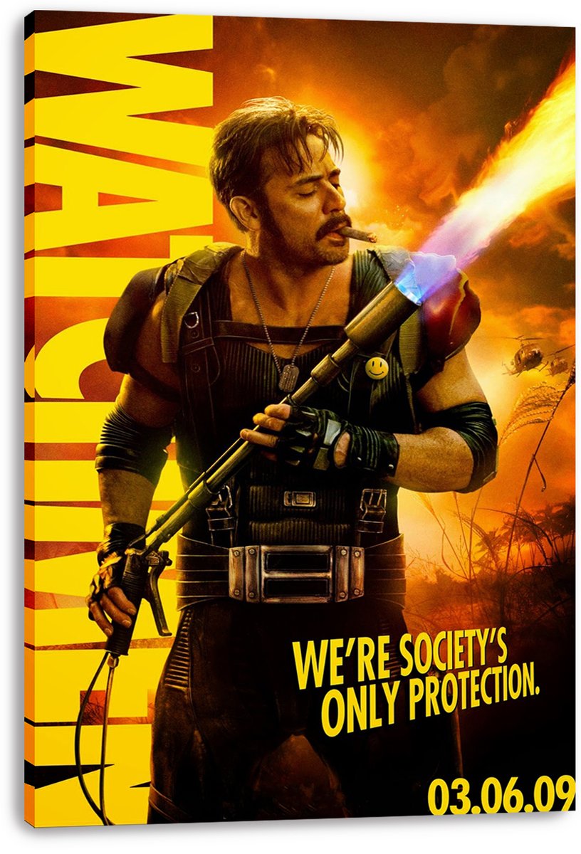 The Comedian canvas wall art features an armored man with a cigar and flamethrower against a fiery orange sky.