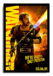 The Comedian framed wall art print presents a cigar-smoking armored man, flamethrower, helicopters, and bold yellow text.