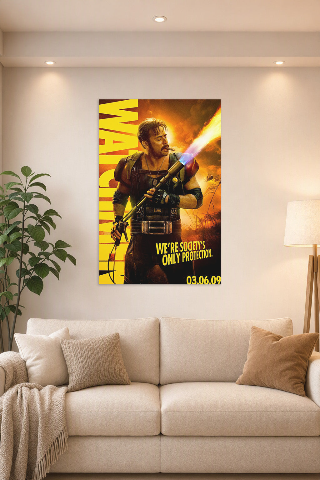 The Comedian from Watchmen in a bright living room above a beige sofa.