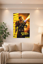 The Comedian from Watchmen in a bright living room above a beige sofa.