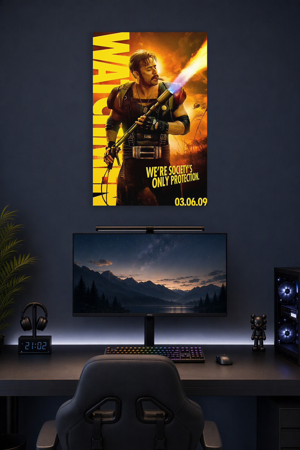 The Comedian from Watchmen in a gaming desk setup above a monitor.