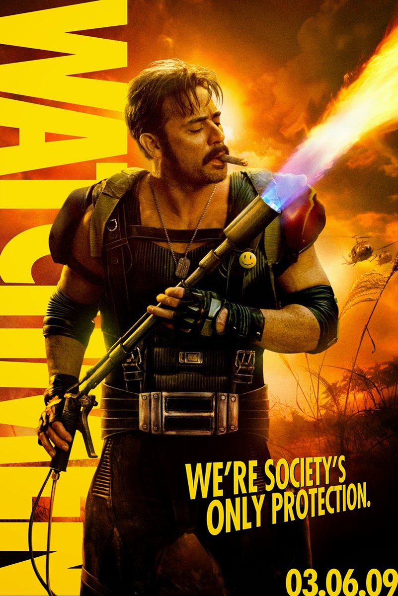 The Comedian poster depicts a cigar-smoking armored man wielding a flamethrower amid orange fire and helicopters.
