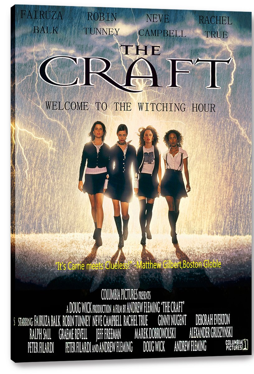The Craft canvas wall art print displays four women in dark school outfits walking beneath lightning, with visible wrapped canvas edges.