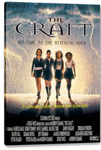 The Craft canvas wall art print displays four women in dark school outfits walking beneath lightning, with visible wrapped canvas edges.