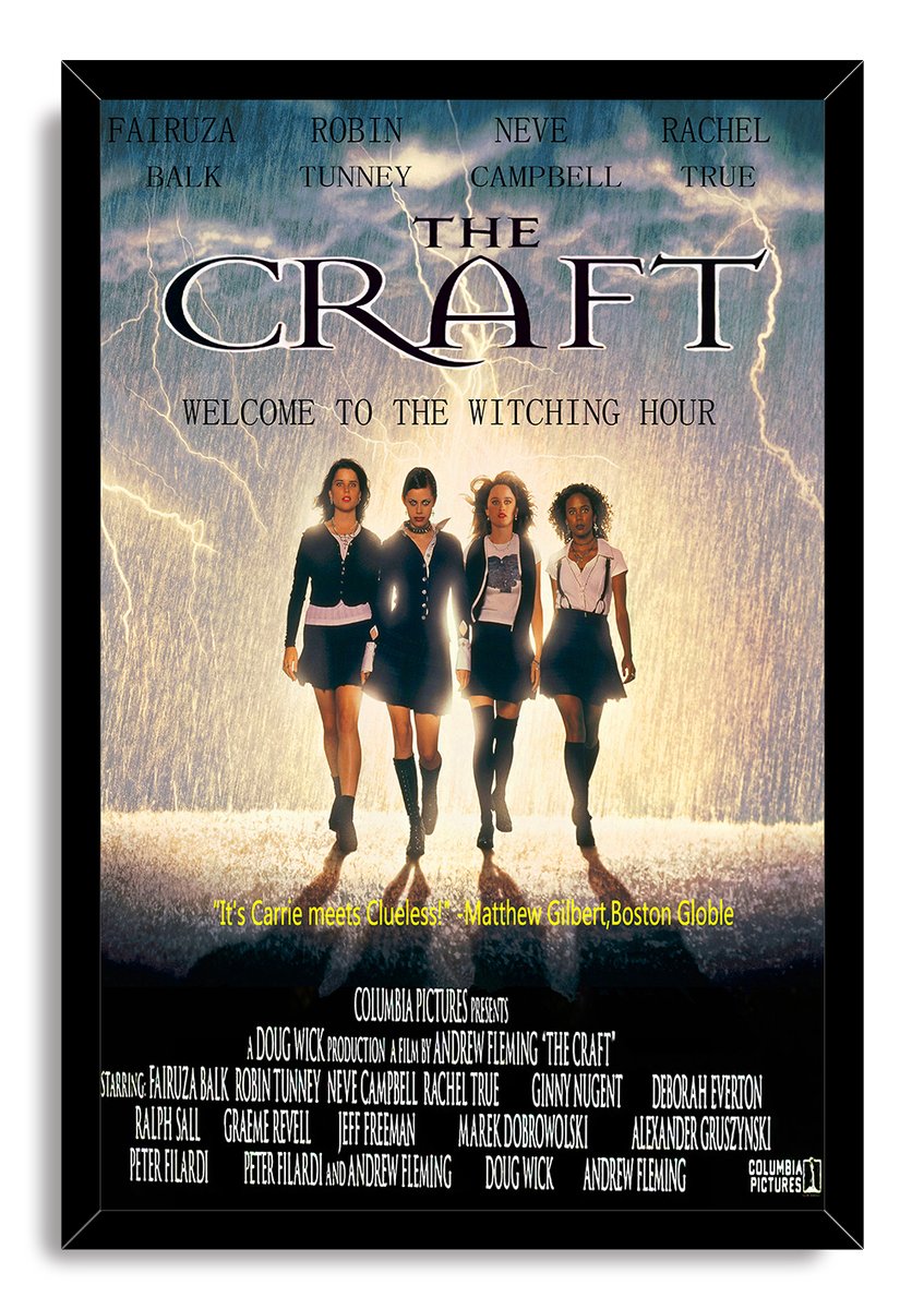 The Craft framed wall art print presents four women walking through a lightning-filled storm, bordered by a glossy black frame.