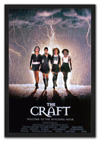 The Craft framed poster presents four women walking under a lightning-filled rainy sky, with bold white film title lettering at the bottom.