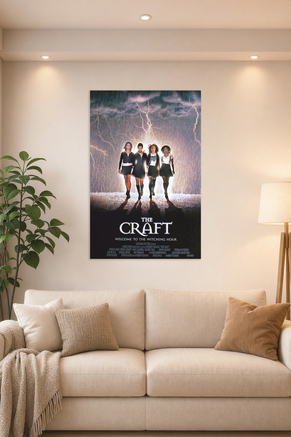 The Craft Movies in a bright living room above a beige sofa.