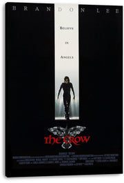 The Crow canvas wall art print displays Brandon Lee in a lighted white column, a crow emblem, and vivid red title lettering.