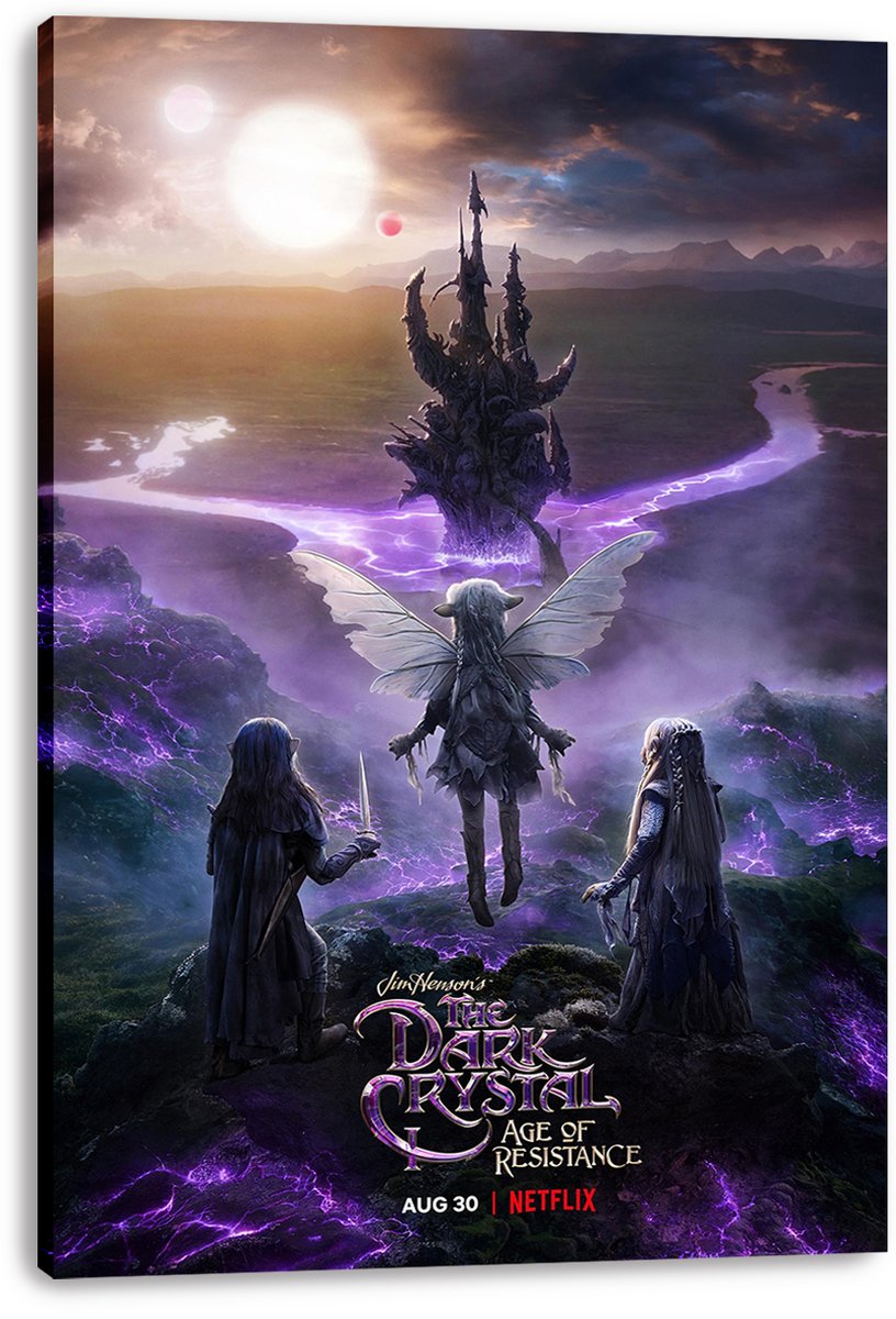 The Dark Crystal Age of Resistance canvas wall art portrays three Gelflings, a dark castle, and violet lightning across Thra.