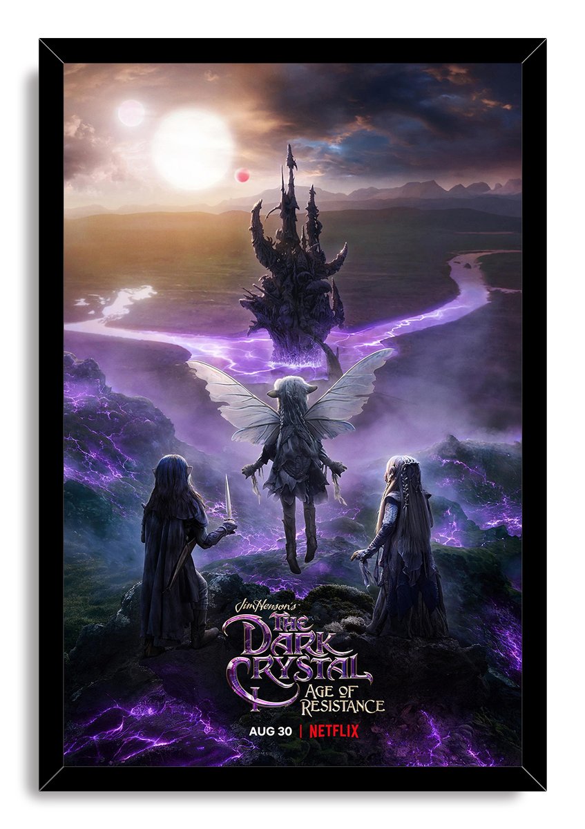 The Dark Crystal Age of Resistance framed wall art print depicts winged Gelflings before a jagged castle under dramatic skies.