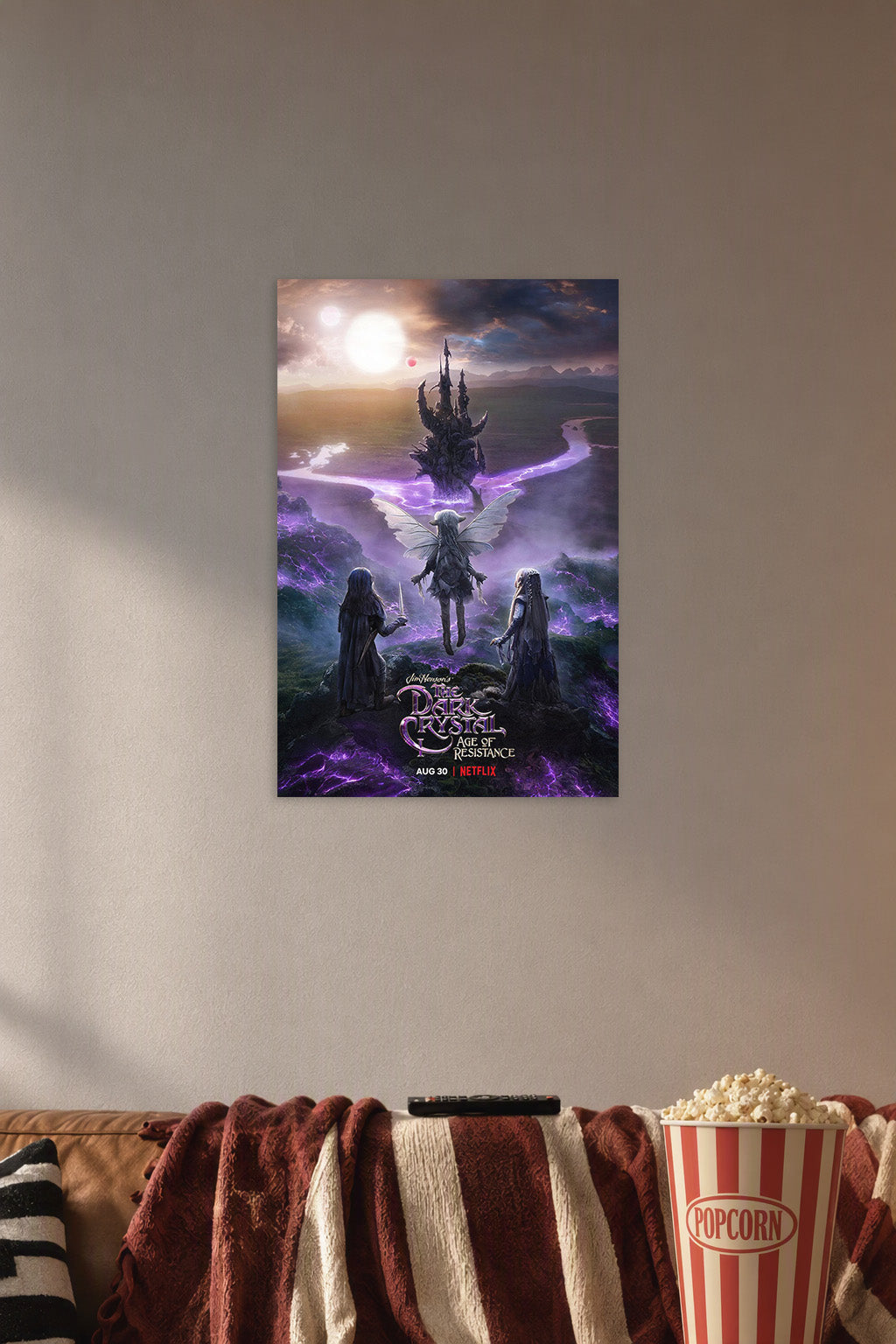 The Dark Crystal Age of Resistance Gelfling Heroes in a cozy movie room above a brown sofa with popcorn.
